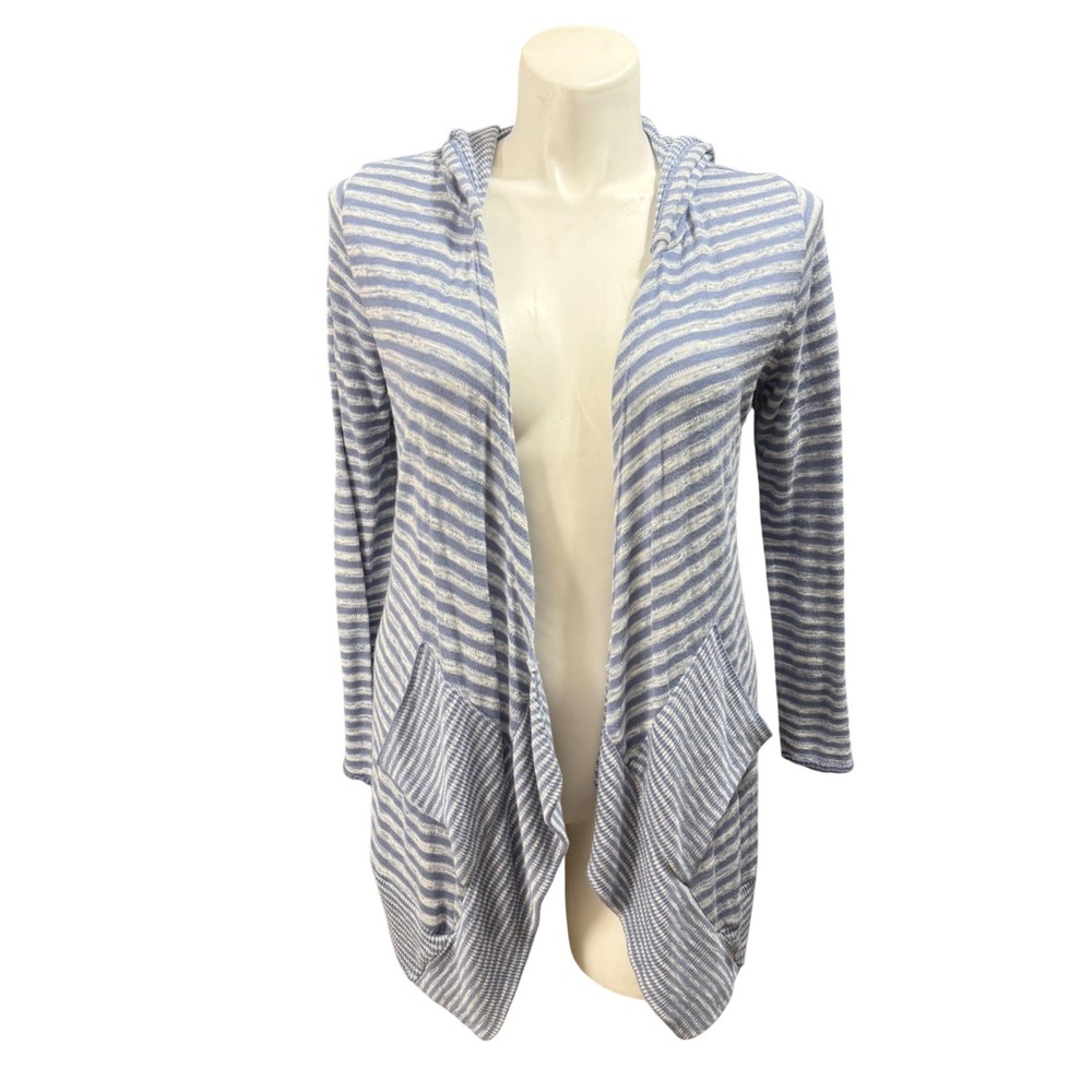 Parkhurst Blue White Striped Hooded Open Front Cardigan Cotton Linen Blend M